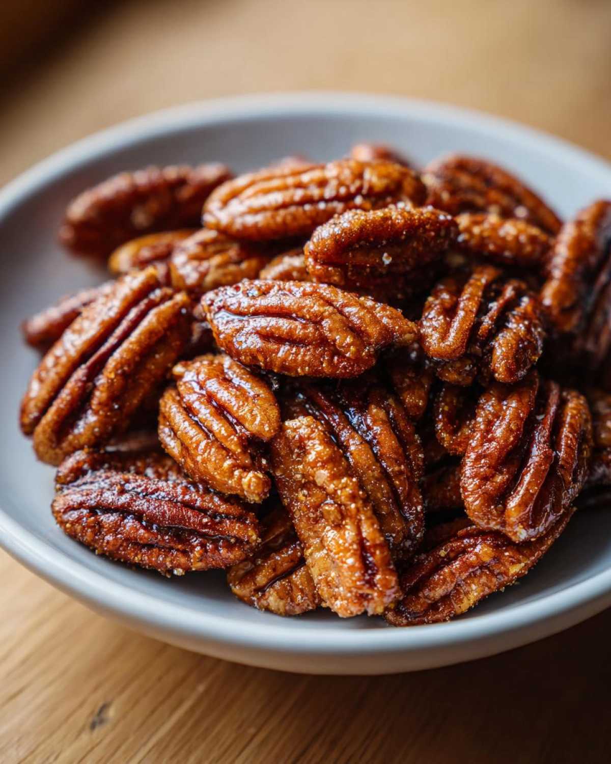 A close-up shot of glossy, sweet candied pecans piled high in a light gray bowl.