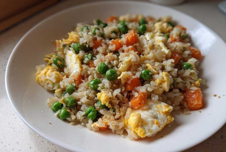 Close-up of a white plate filled with savory cauliflower rice mixed with scrambled egg, bright green peas, and diced carrots.