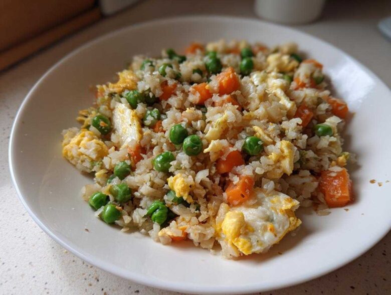 Close-up of a white plate filled with savory cauliflower rice mixed with scrambled egg, bright green peas, and diced carrots.
