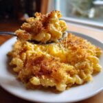 A spoonful of cheesy baked mac and cheese recipe lifts out, showing long cheese pulls and a golden brown crumb topping.