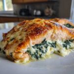 Close-up of baked stuffed salmon with a creamy spinach filling oozing out and melted, browned cheese on top.