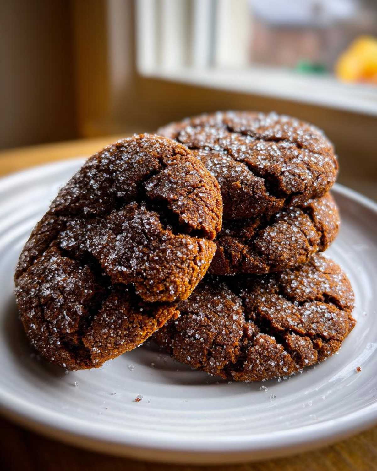 A stack of four rich, dark ginger molasses cookies coated in sparkling granulated sugar, resting on a white plate.