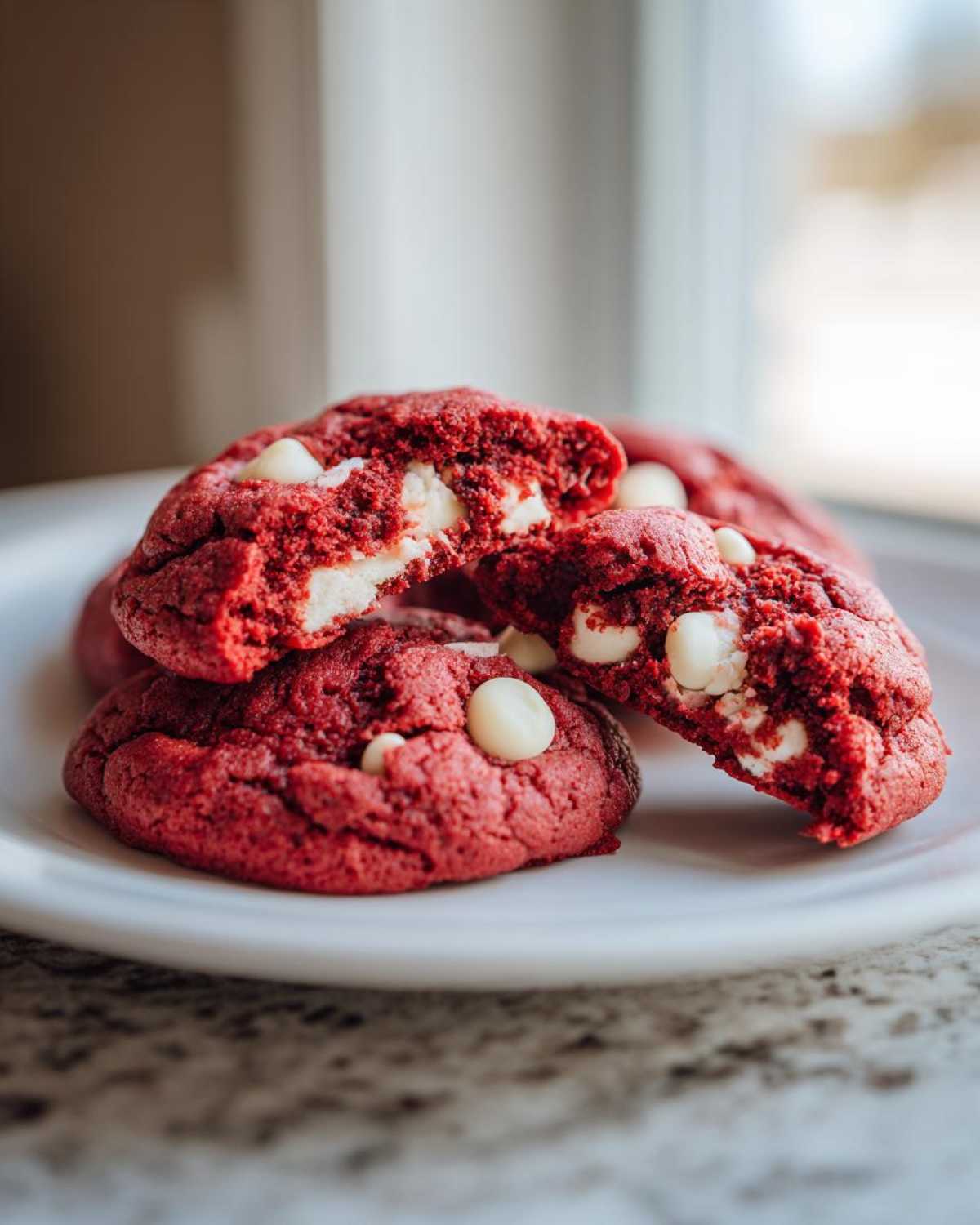 Close-up of soft red velvet cake mix cookies, one broken open revealing white chocolate chips inside.