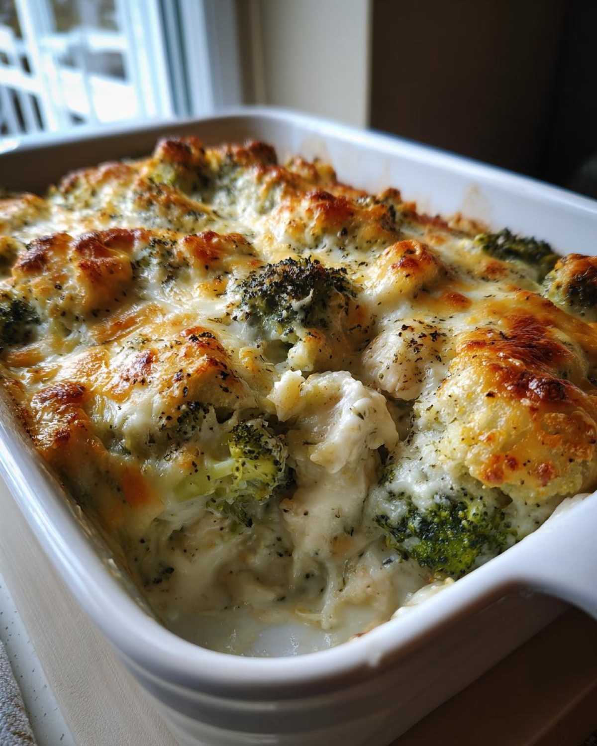 Close-up of a bubbling Chicken Divan casserole in a white dish, featuring creamy sauce, broccoli, and a golden-brown cheesy crust.
