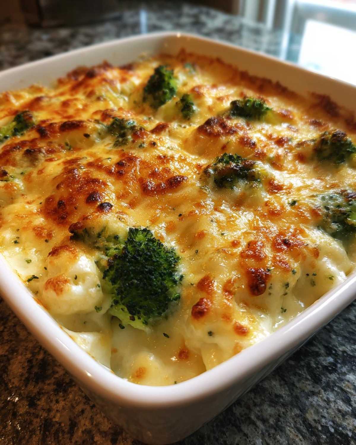 Close-up of a freshly baked Chicken Divan casserole with creamy sauce, broccoli florets, and a bubbly, browned cheese crust.