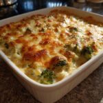 A close-up of a bubbling, cheesy Chicken Divan casserole baked in a white square dish.