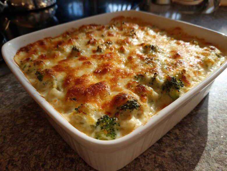 A close-up of a bubbling, cheesy Chicken Divan casserole baked in a white square dish.