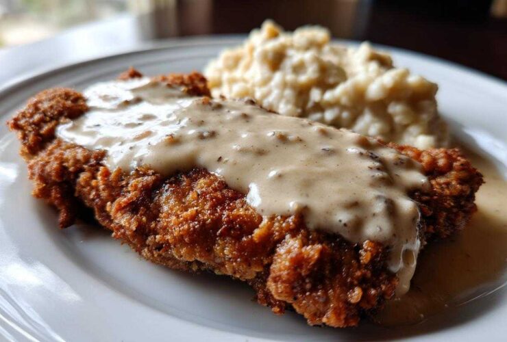 Close-up of a crispy, golden brown chicken fried steak smothered in creamy white pepper gravy, served with mashed potatoes.