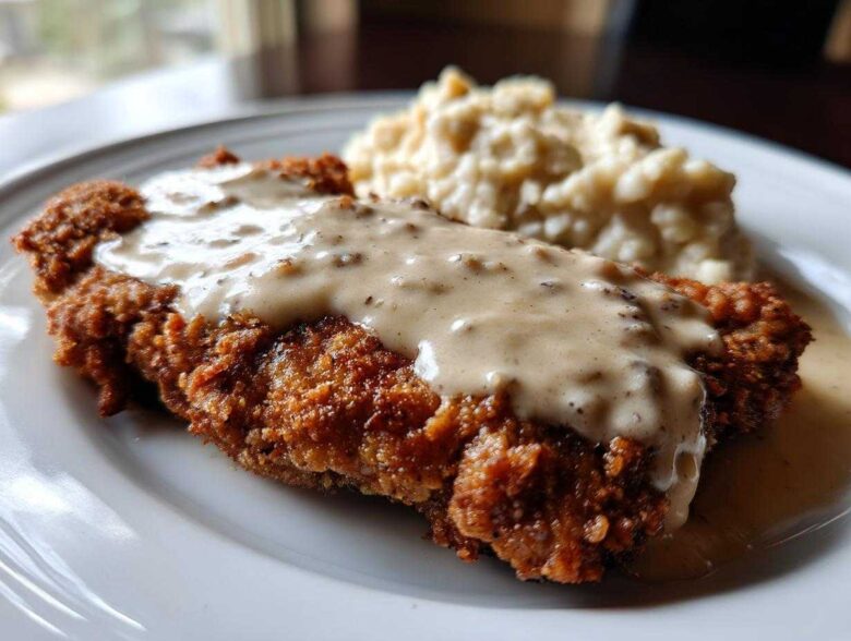 Close-up of a crispy, golden brown chicken fried steak smothered in creamy white pepper gravy, served with mashed potatoes.