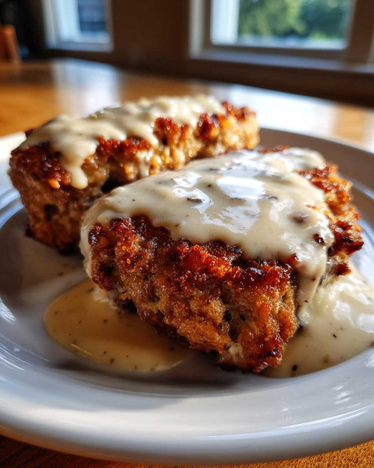 Close-up of two crispy, golden brown pieces of chicken fried steak smothered in creamy, peppered gravy.