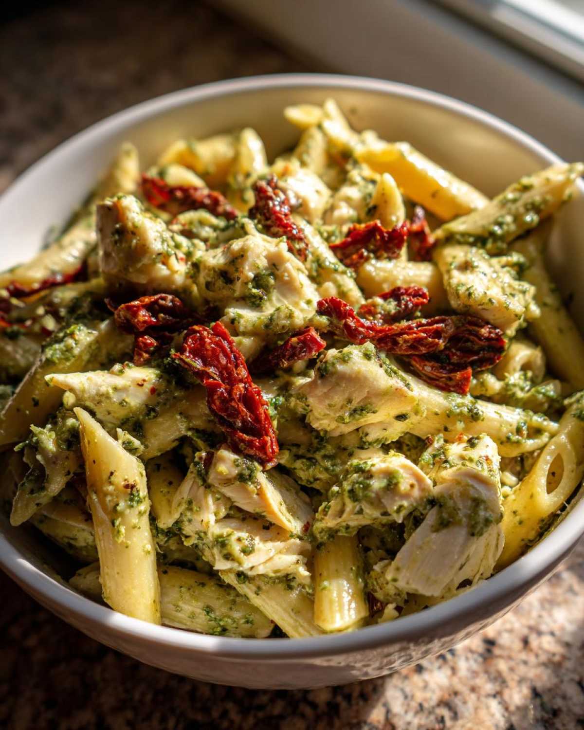 A close-up bowl of vibrant chicken pesto pasta mixed with chunks of chicken and topped with sun-dried tomatoes.