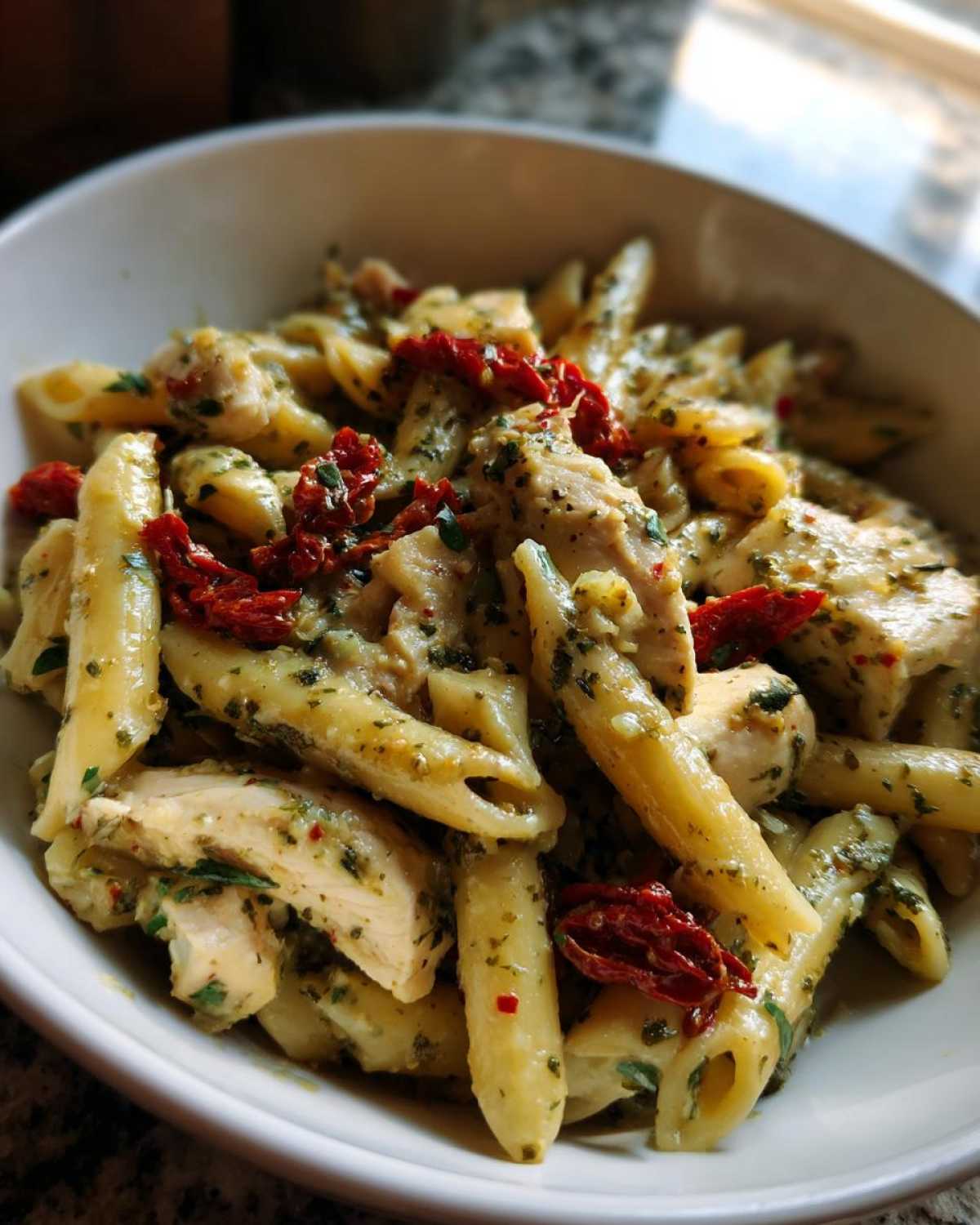A close-up shot of a white bowl filled with creamy chicken pesto pasta, featuring penne, sliced chicken, and vibrant sun-dried tomatoes.