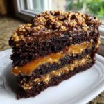 A decadent slice of chocolate caramel toffee crunch cake showing layers of dark chocolate cake and gooey caramel filling.