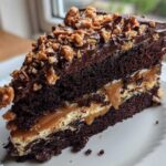A rich slice of chocolate caramel toffee crunch cake showing dark layers, caramel filling, and nut topping.
