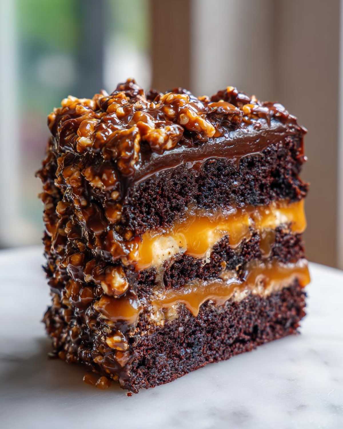 A decadent slice of chocolate caramel toffee crunch cake showing rich layers of dark cake and gooey caramel filling.
