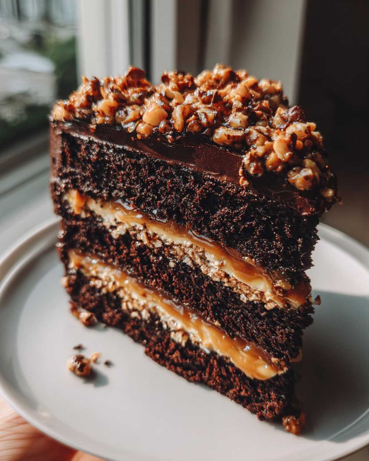 A decadent slice of chocolate caramel toffee crunch cake showing three layers of dark cake, caramel filling, and a crunchy nut topping.