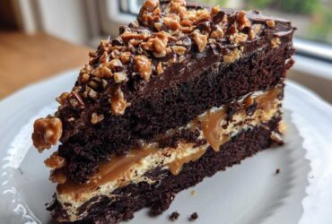A rich slice of chocolate caramel toffee crunch cake showing dark layers, caramel filling, and nut topping.