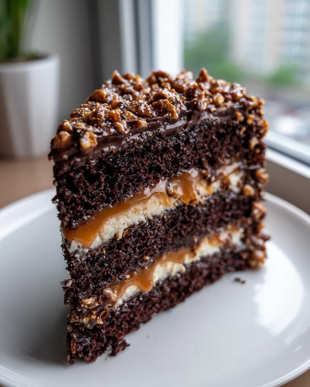 A decadent slice of chocolate caramel toffee crunch cake showing three dark chocolate layers, caramel, and cream filling.
