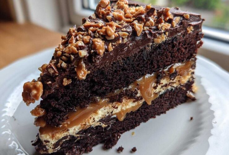 A rich slice of chocolate caramel toffee crunch cake showing dark layers, caramel filling, and nut topping.