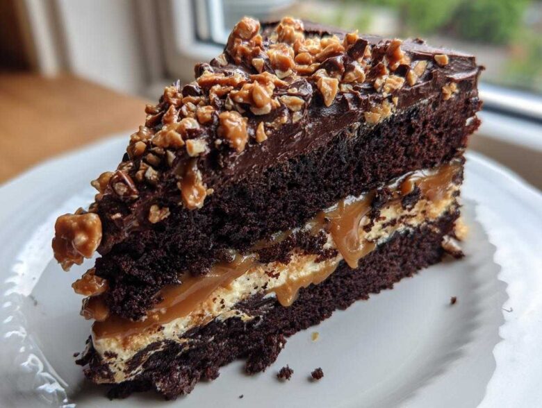 A rich slice of chocolate caramel toffee crunch cake showing dark layers, caramel filling, and nut topping.