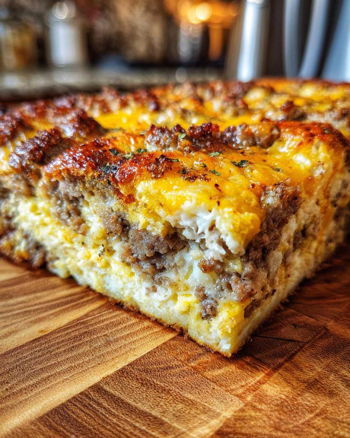 A close-up, angled view of a thick slice of Christmas breakfast casserole featuring layers of egg, sausage, and melted cheddar cheese.