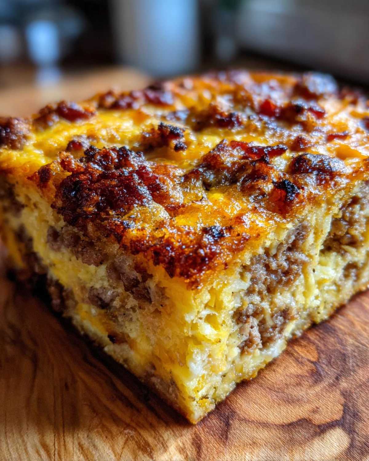 A close-up view of a thick slice of Christmas breakfast casserole featuring browned sausage and melted cheese on a wooden board.