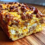 Close-up of a thick slice of Christmas breakfast casserole featuring layers of egg, sausage crumbles, and melted cheddar cheese.