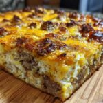 Close-up of a thick slice of Christmas breakfast casserole featuring sausage, eggs, and a golden-brown cheese topping.