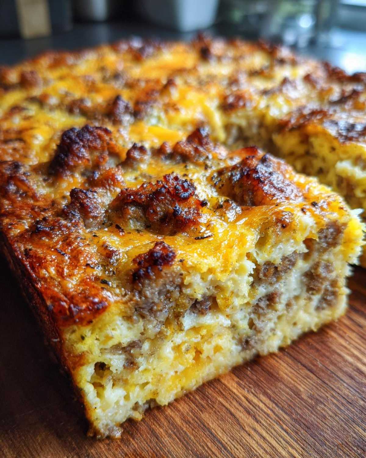 Close-up of a hearty slice of Christmas breakfast casserole showing sausage, egg, and melted cheese topping.