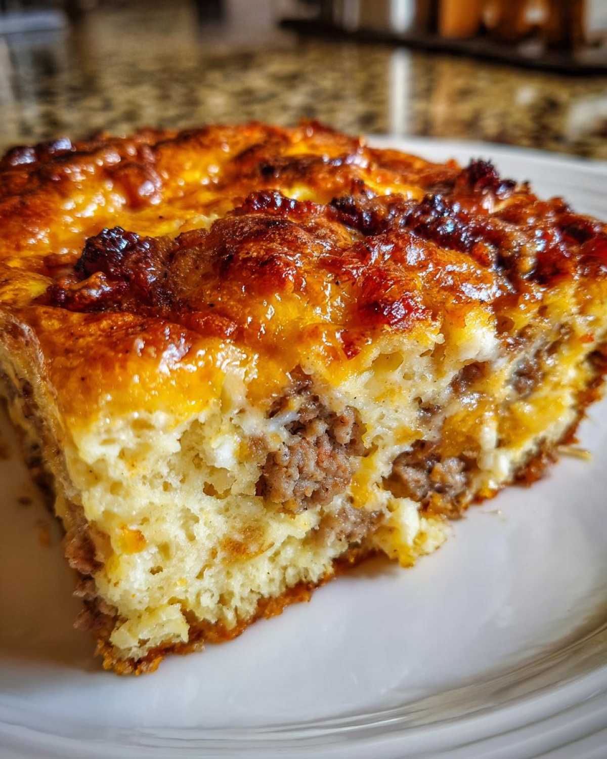 Close-up of a hearty slice of Christmas breakfast casserole showing layers of egg, cheese, and sausage.