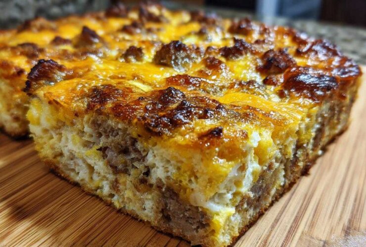 Close-up of a thick slice of Christmas breakfast casserole featuring sausage, eggs, and a golden-brown cheese topping.