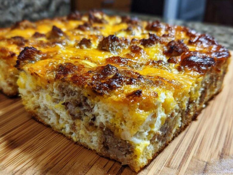 Close-up of a thick slice of Christmas breakfast casserole featuring sausage, eggs, and a golden-brown cheese topping.
