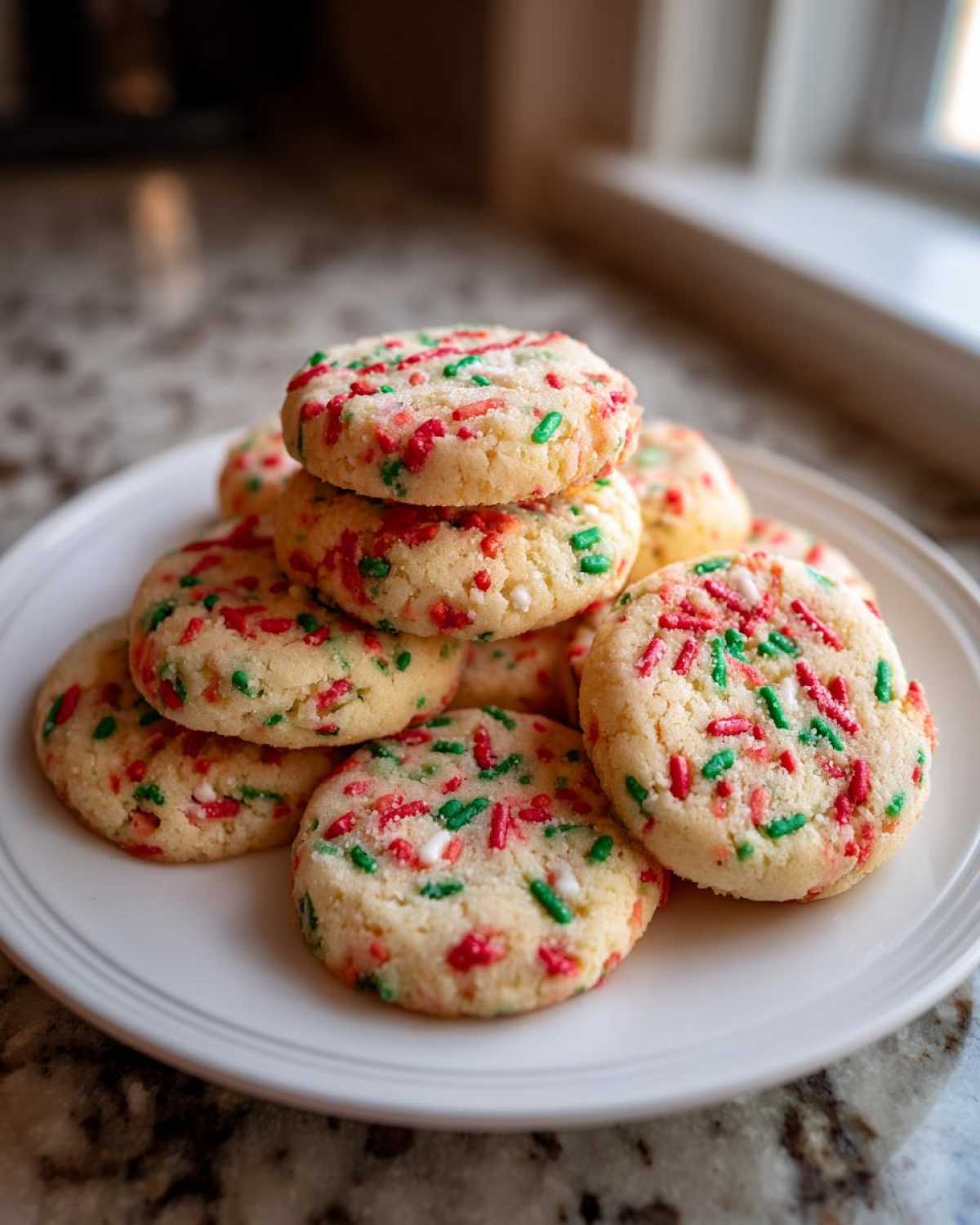 A stack of freshly baked christmas sprinkle sugar cookies dotted with red and green sprinkles on a white plate.