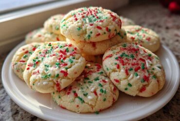 A stack of freshly baked christmas sprinkle sugar cookies topped with red, green, and white sprinkles on a white plate.