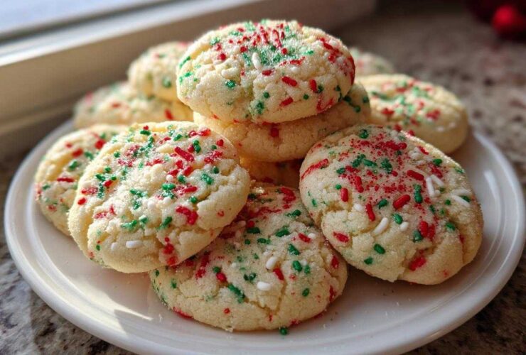 A stack of freshly baked christmas sprinkle sugar cookies topped with red, green, and white sprinkles on a white plate.