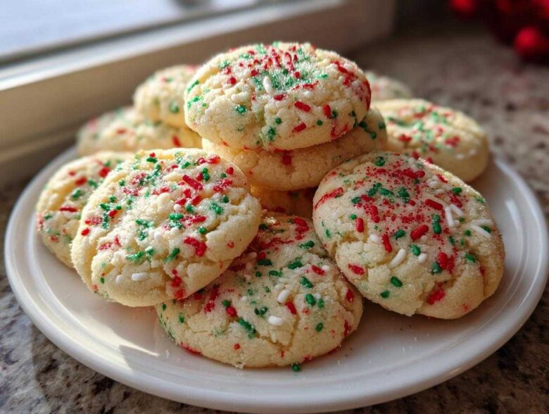 A stack of freshly baked christmas sprinkle sugar cookies topped with red, green, and white sprinkles on a white plate.
