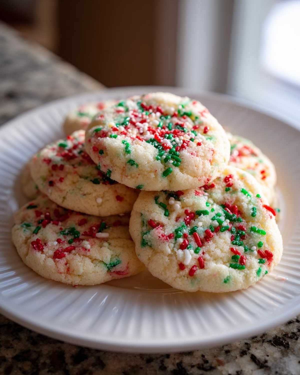 A stack of soft, round christmas sprinkle sugar cookies topped with red, green, and white sprinkles on a white plate.
