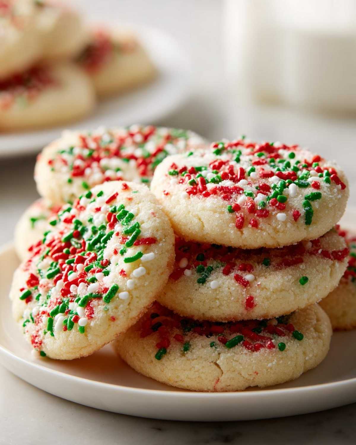 A close-up stack of soft, round christmas sprinkle sugar cookies topped with red, green, and white holiday sprinkles.