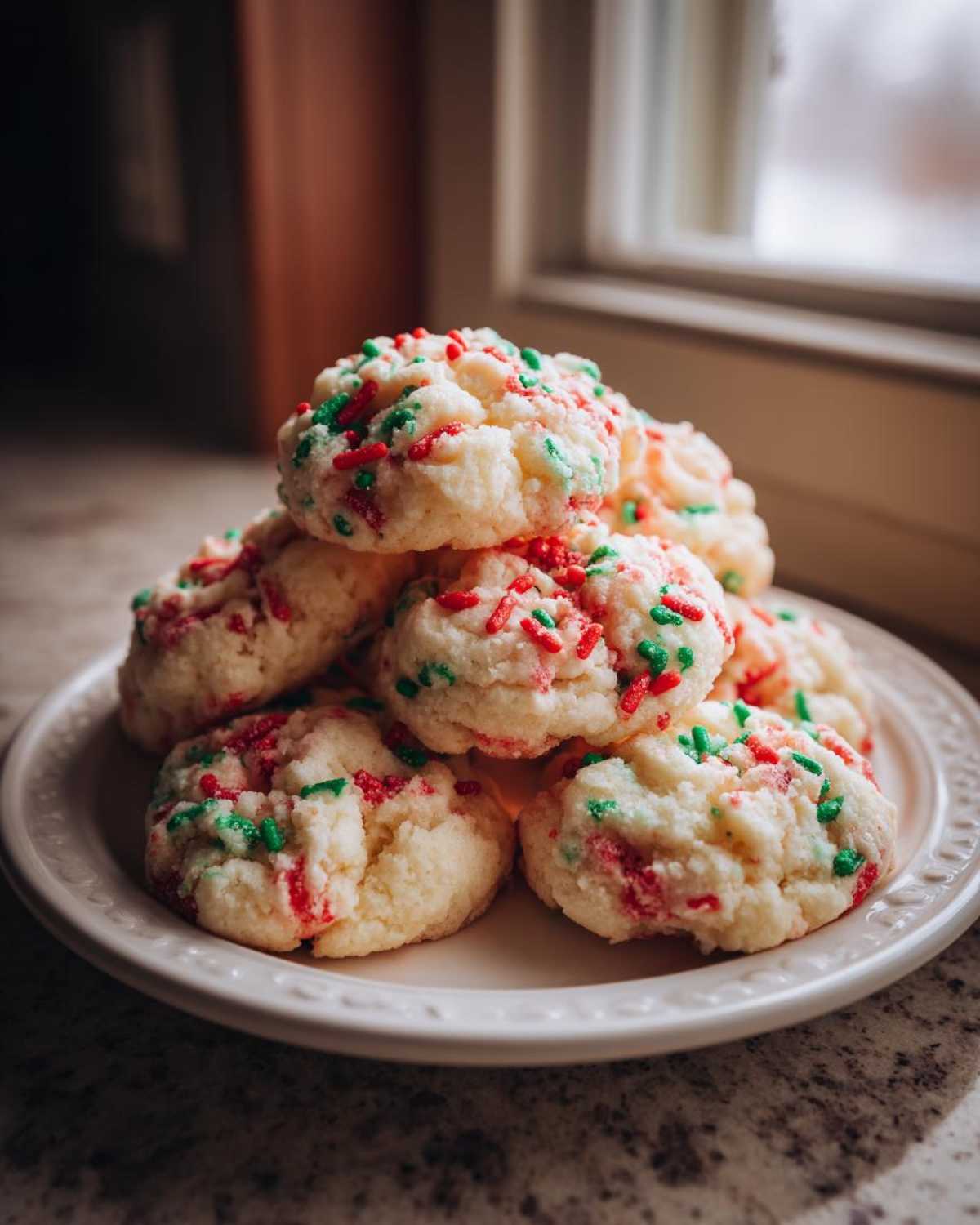 A stack of soft, round christmas sprinkle sugar cookies topped with red and green sprinkles.