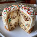 A cross-section view of a festive christmas tree cheesecake showing layers of cake, creamy filling, and pecans, topped with white frosting and colorful sprinkles.