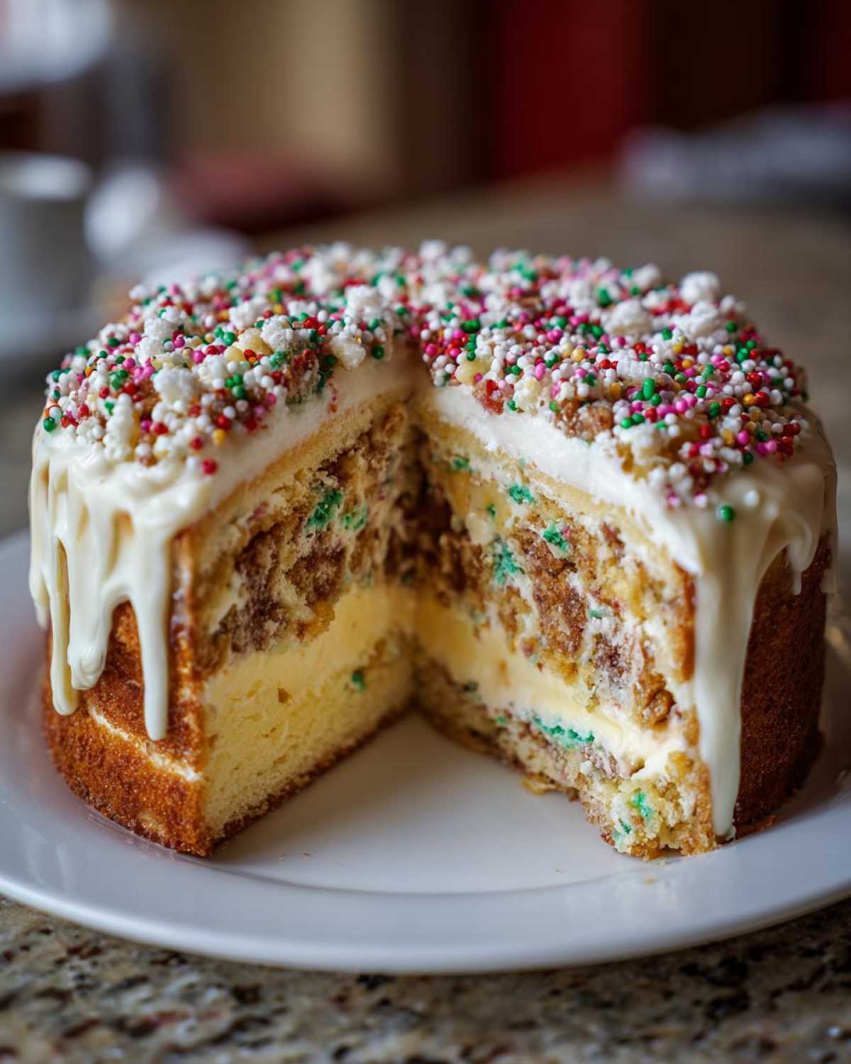 A slice removed from a festive christmas tree cheesecake showing layers of cake, filling, and white frosting topped with colorful sprinkles.