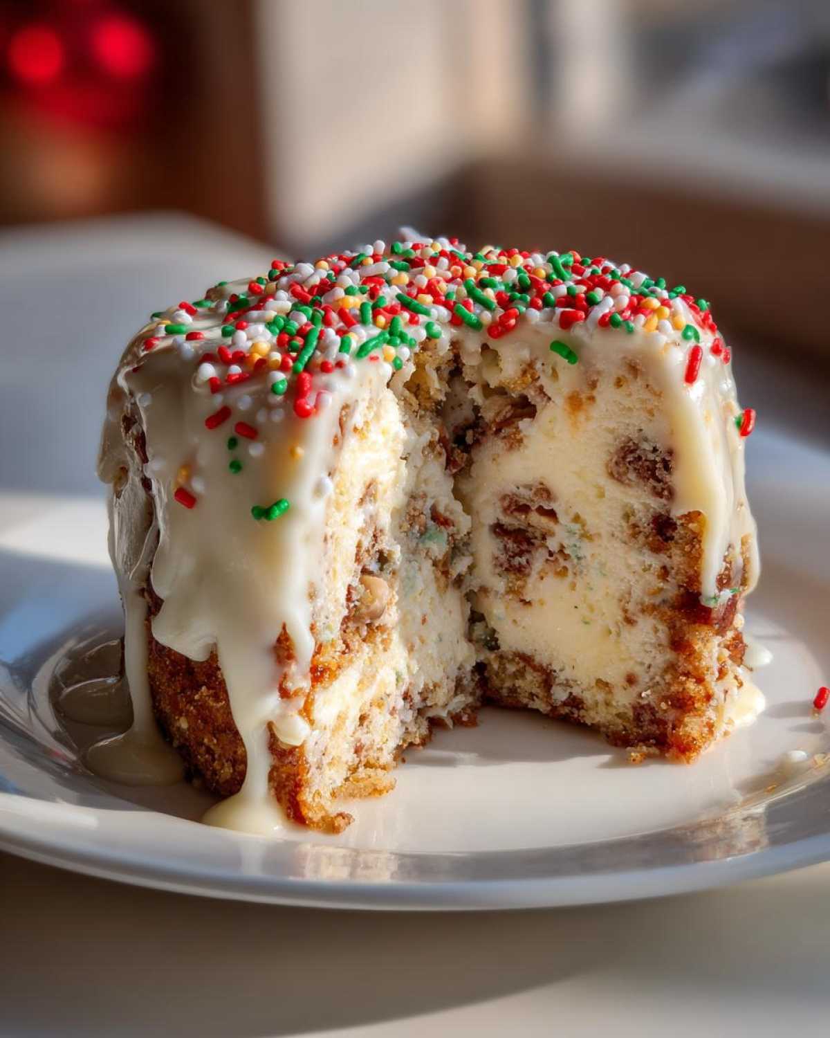 Close-up of a slice of christmas tree cheesecake showing the creamy interior, white glaze, and festive sprinkles.