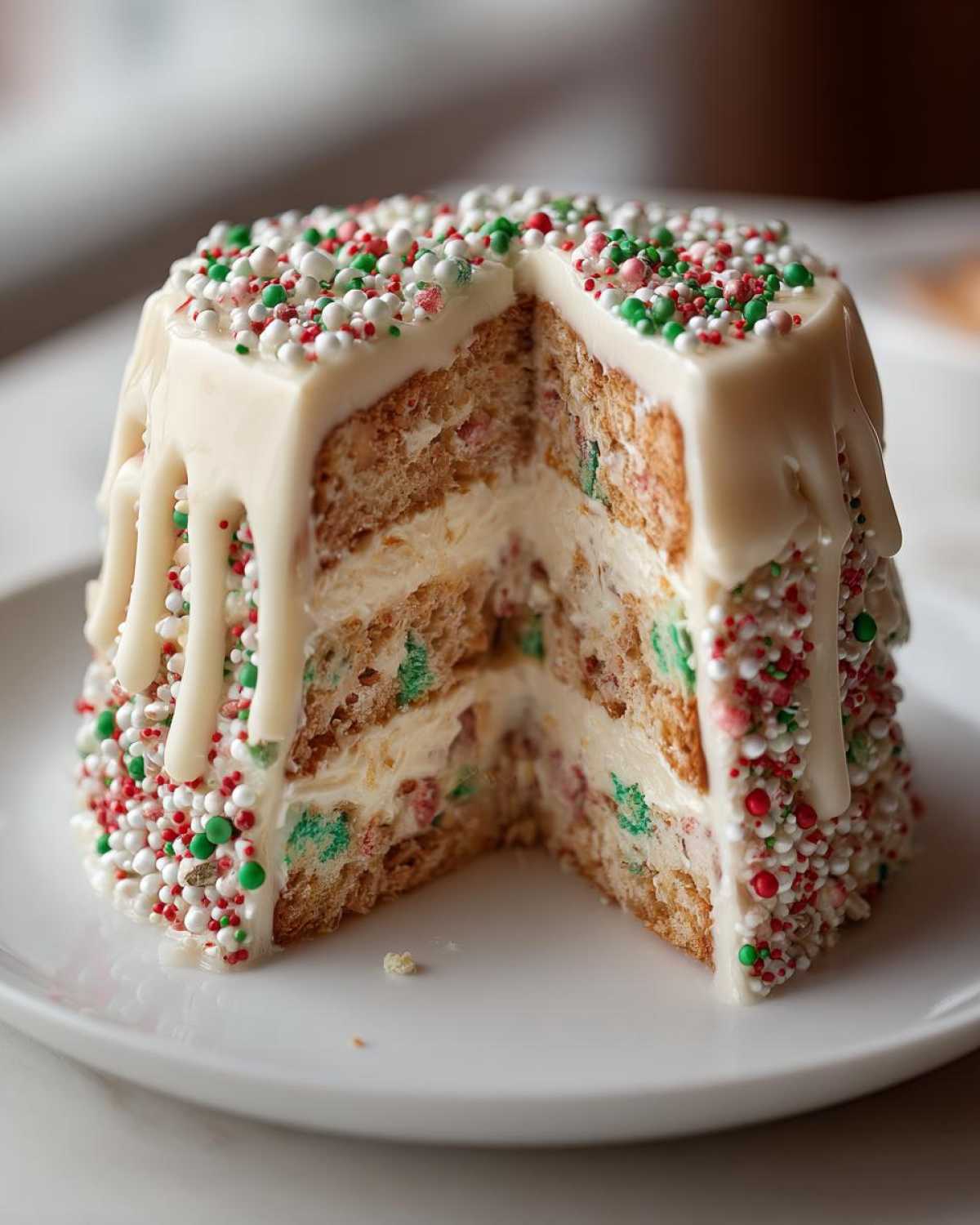 Cross-section view of a festive christmas tree cheesecake slice covered in white glaze and red, green, and white sprinkles.