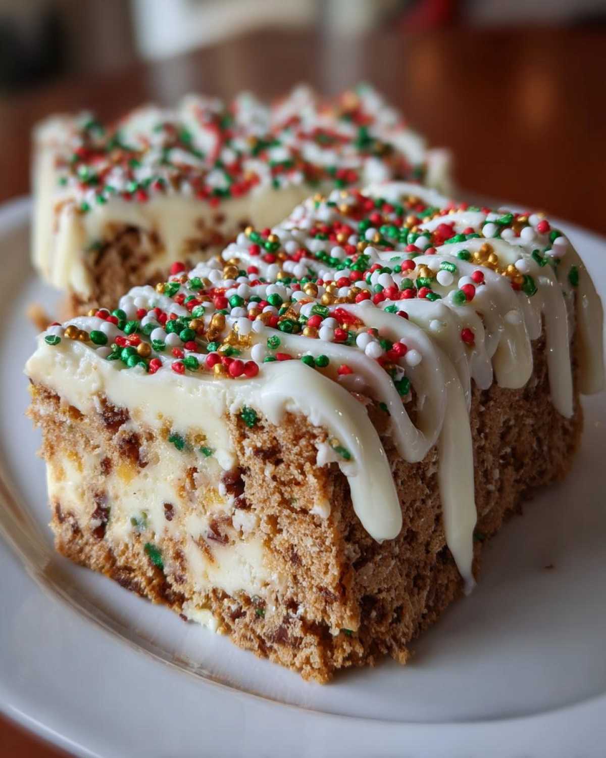 Close-up of a slice of Christmas tree cheesecake with white icing drizzle and festive red, green, and gold sprinkles.