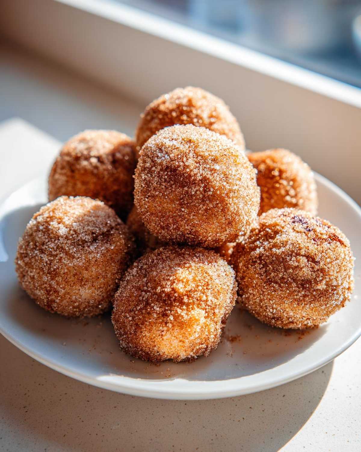A pile of freshly made cinnamon sugar snowball cookies heavily coated in sparkling cinnamon sugar mix.