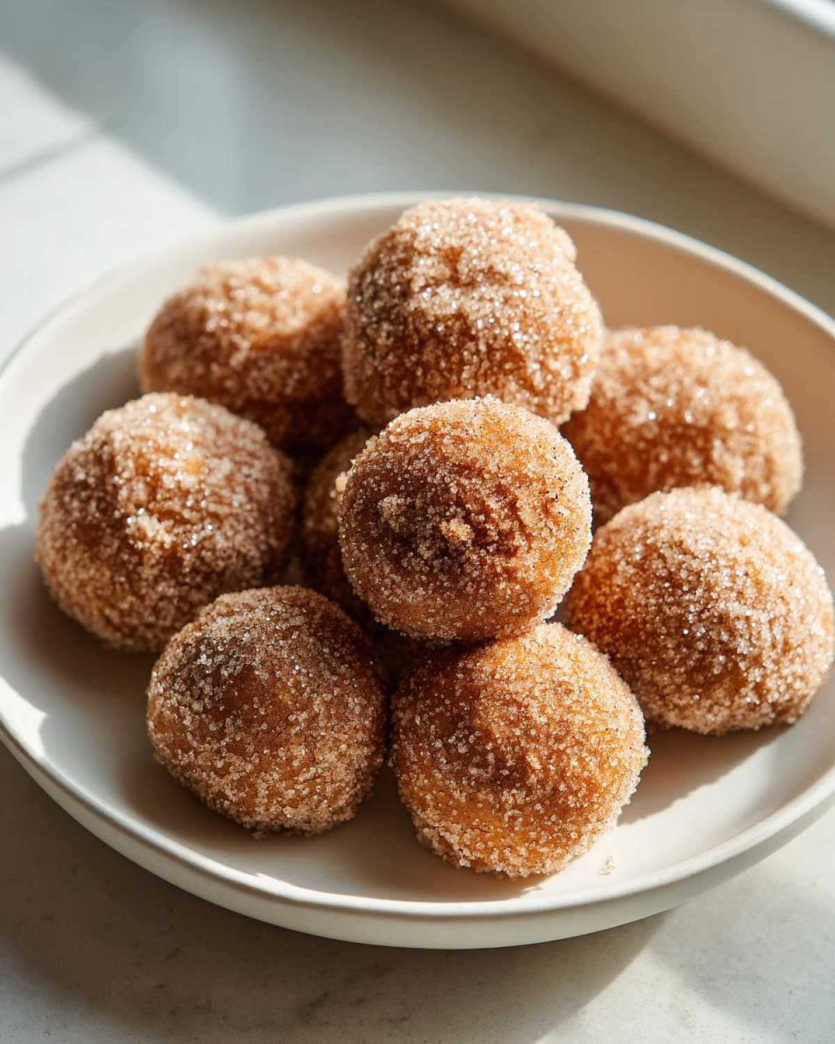 A plate piled high with freshly made cinnamon sugar snowball cookies coated in sparkling sugar.