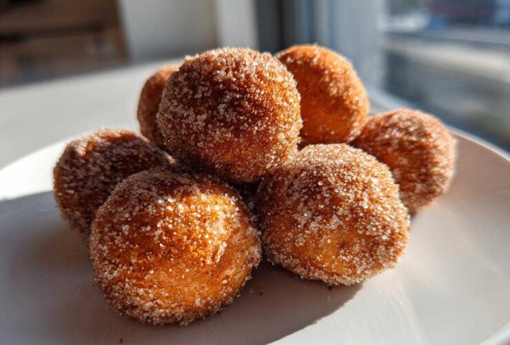 A stack of freshly made cinnamon sugar snowball cookies coated heavily in sparkling sugar.
