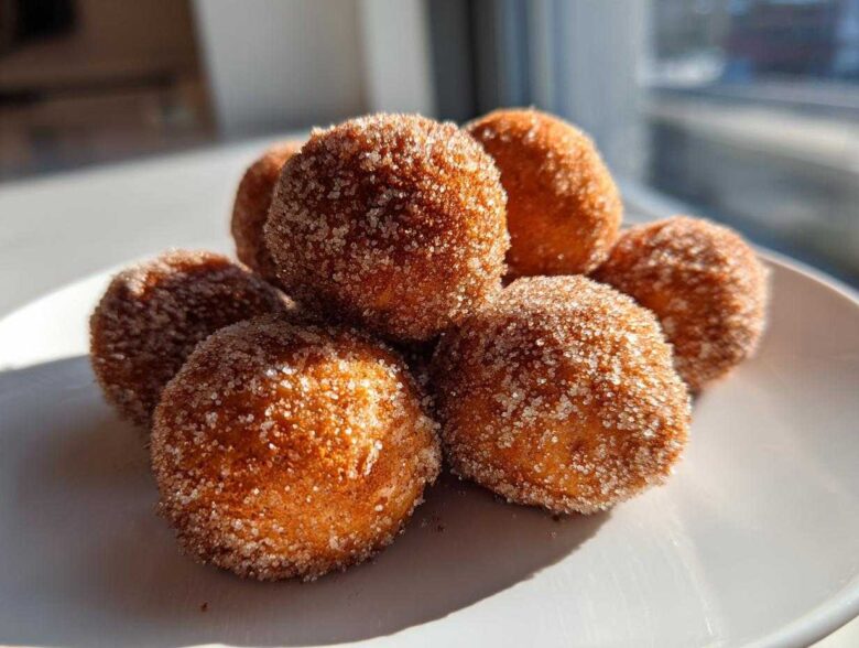 A stack of freshly made cinnamon sugar snowball cookies coated heavily in sparkling sugar.