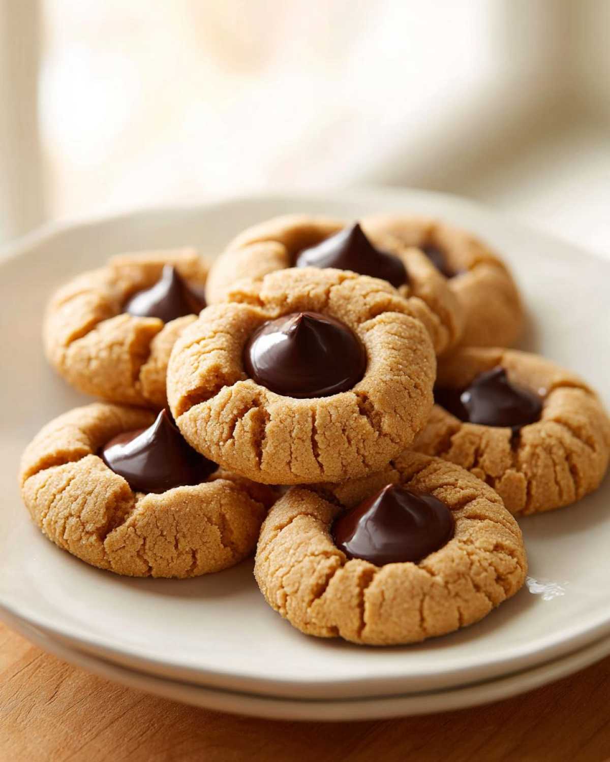 A stack of freshly baked peanut butter blossom cookies topped with melted chocolate kisses on a white plate.