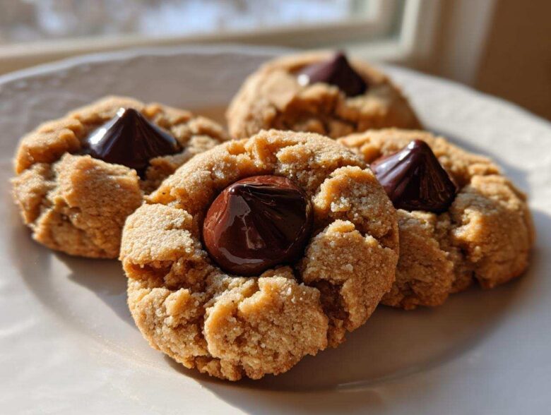 Four classic peanut butter blossom cookies with a melted chocolate kiss pressed into the center, sitting on a white plate.